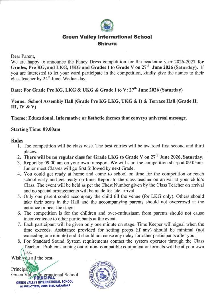 Fancy Dress Competition (Grade LKG to V) 27th June, 2026 (Saturday)